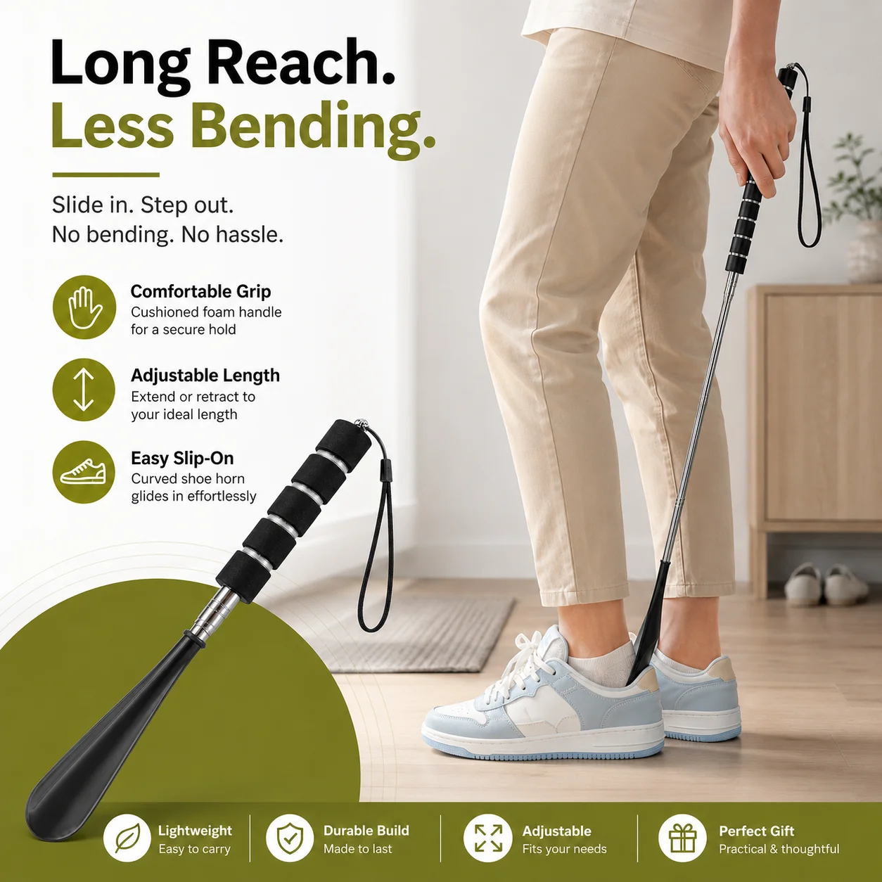 Portable Telescoping Shoe Horn Long Handle, Adjustable Shoe Helper with Stainless Steel Handle, Soft Grip and Hanging Strap for Travel Home Boots Sneakers