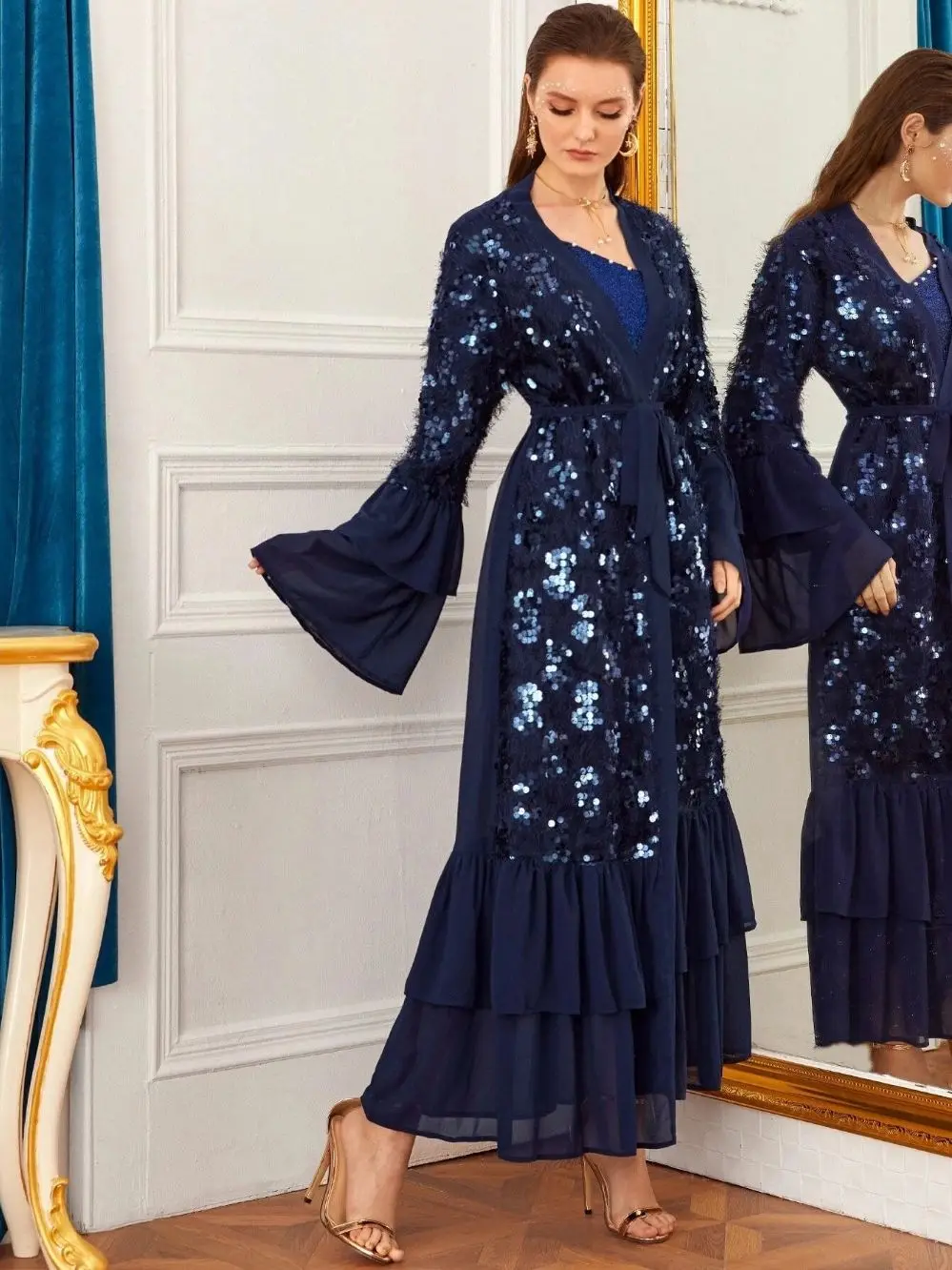 Imagem -04 - Elegante Ramadan Eid Lantejoulas Frisado Muçulmano Abaya Vestidos de Robe Longo Quimono Abayas Oração Islâmica Serviço Adoração Roupas Wq2399