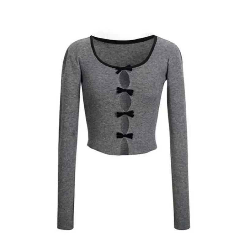 Sexy Hollow Out Chic Bows Crop Tops Long Sleeve Slim Knitted Pullover Gray Sweater Korean Sweet Girls College Top Autumn Clothes