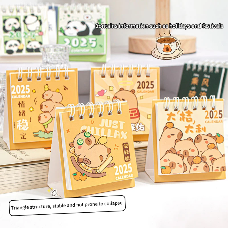 2025 Mini Simple Cute Cartoon Pattern Small Desk Calendar Pocket Portable Calendar Punch Plan Desktop Decoration