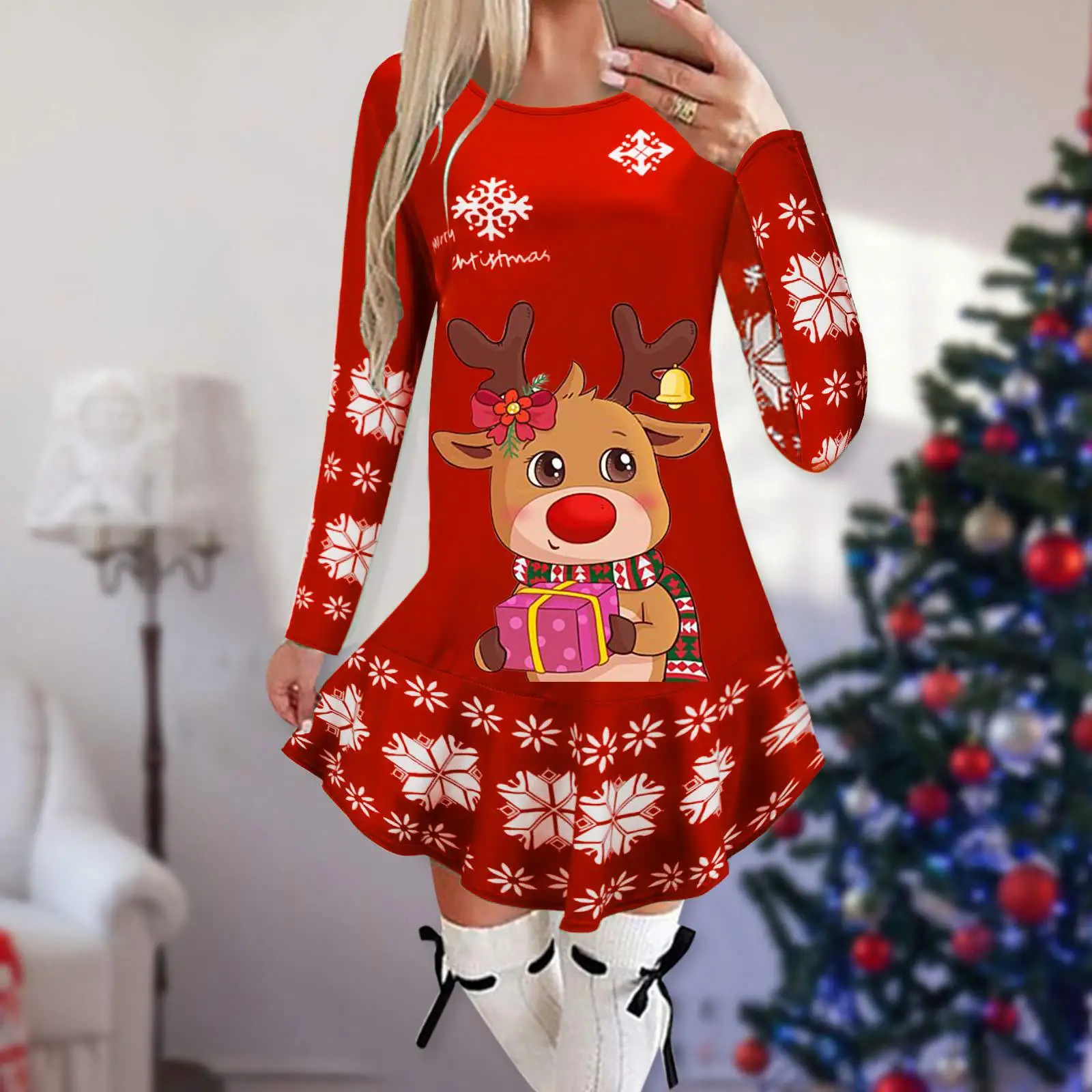 Merry Christmas Party Dress For Women Snowflake Cartoon Print Long Sleeve Dresses Autumn Winter Elegant Christmas Vestitos