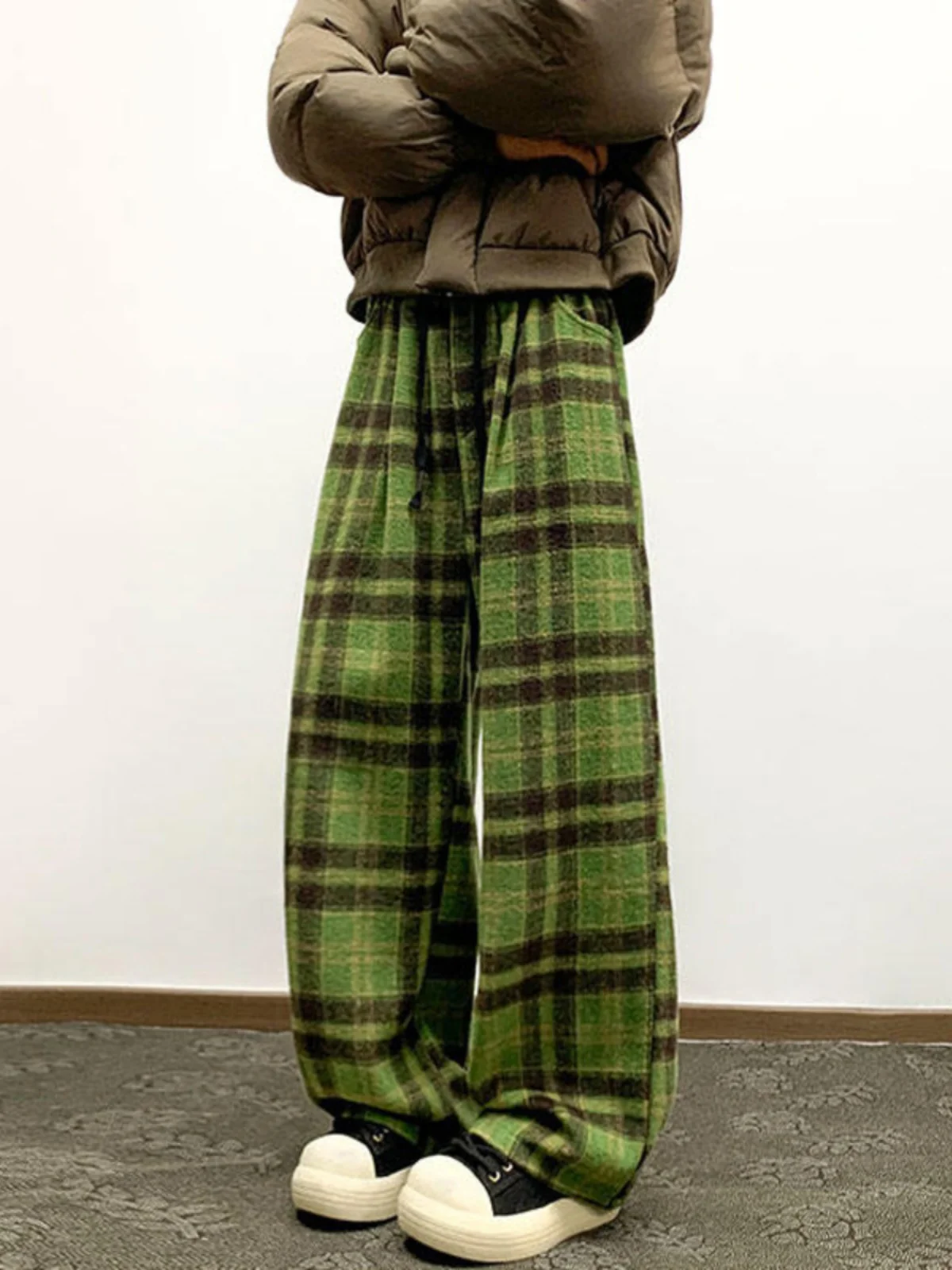 

Thiened Fce Woolen Plaid Men's Autumn Winter American Retro Wide Leg Pants Cleanfit Knife Casual Trousers