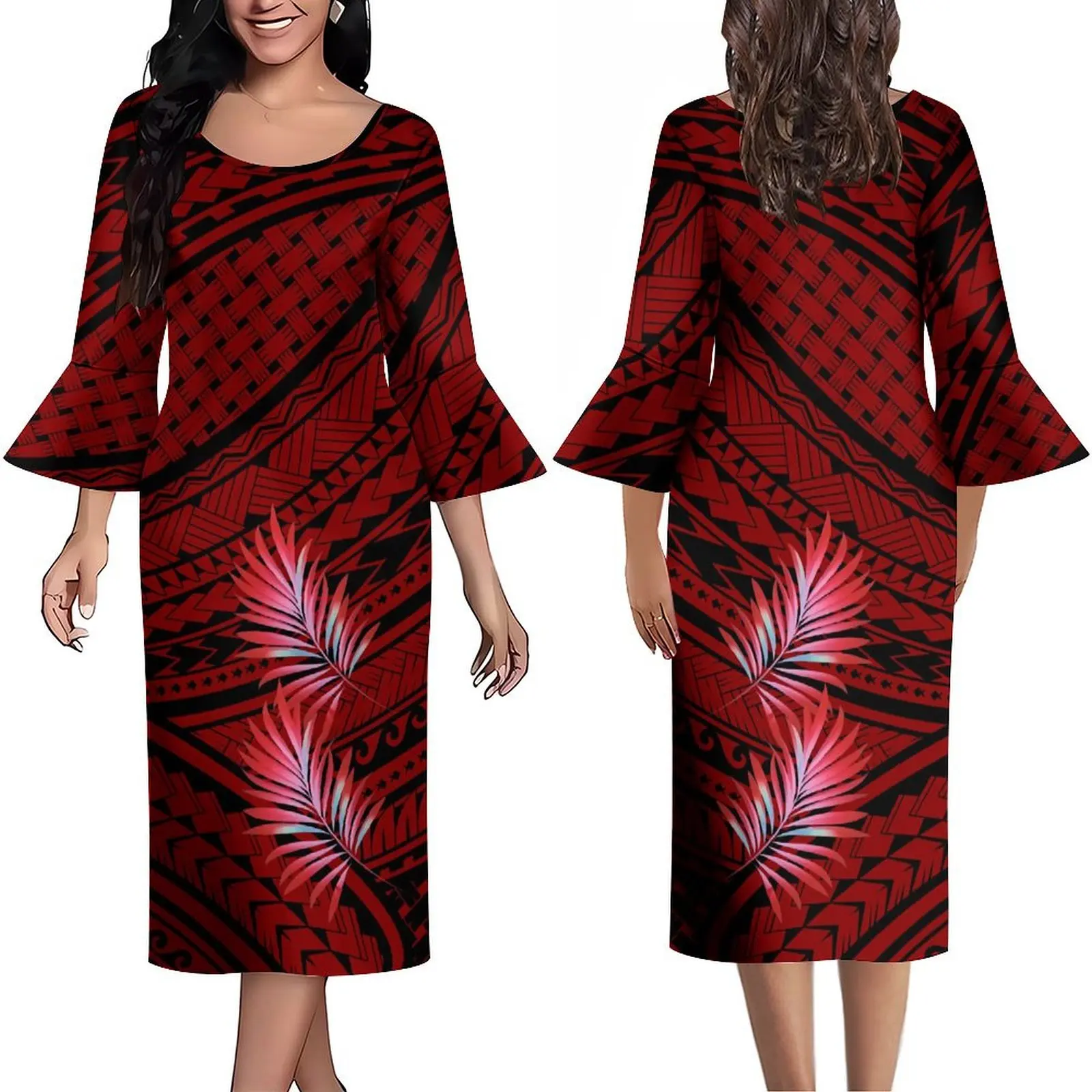 

Stylish Women'S Flared Sleeve Dress Samoa Dress Midi Party Slim-Fit Maxi Polynesian Tribe Custom Art Print Free Shipping