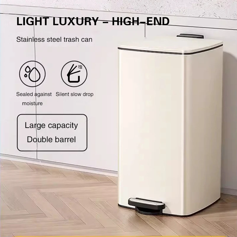 

6L Square Thin Lid Trash Can Stainless Steel with Double Inner Outer Buckets for Living Room, Room, Kitchen, and Office Storage