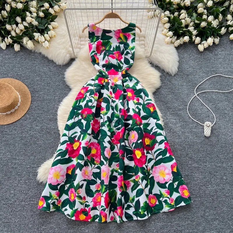 French Fashion Print O-neck Pleated Sleeveless A-line Ball Gown Dress Women Summer Vintage Elegant Puff Graduation Party Dresses