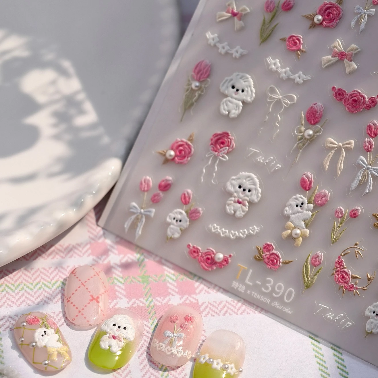 

Cute Bichon Frise Pink Rose Flower Tulip White Wreath Bouquet Pearl Line Bowknot Self Adhesive Nail Art Stickers Manicure Decals