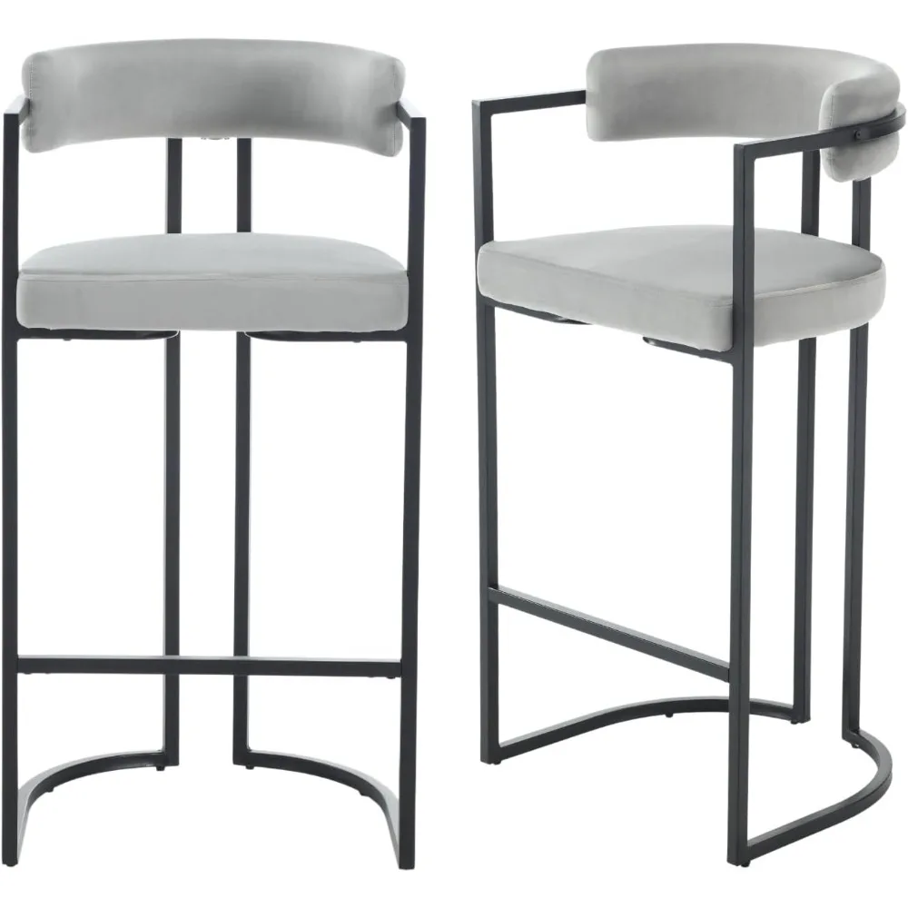 30 Inch Velvet Bar Stools Set of 2, Modern Grey Barrel Bar Stools with Comfy Back, Upholstered High Dining Chairs with Black Leg