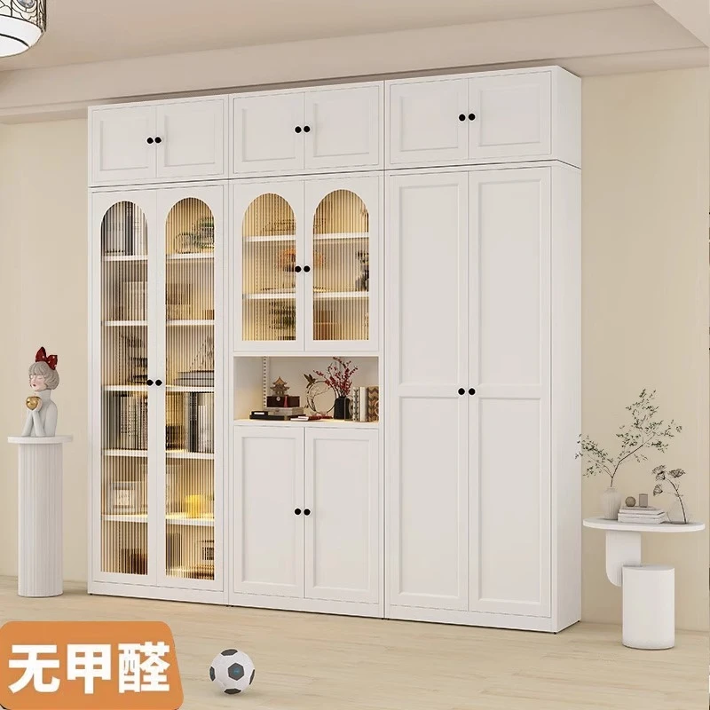 Cream wind steel bookcase formaldehyde-free arched glass dust-proof shelf living room whole wall display cabinet