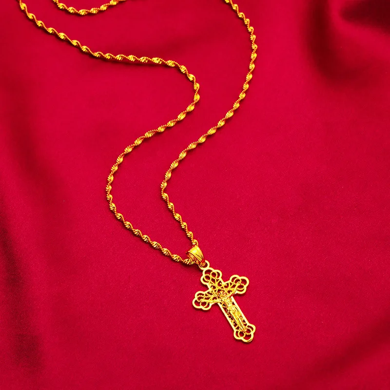Ins Vintage Gold Cross Necklace! 24K Gold AU999 Women's, Hollow Cross Carving + Matte Antique, Stacking Religious Eye-Catching