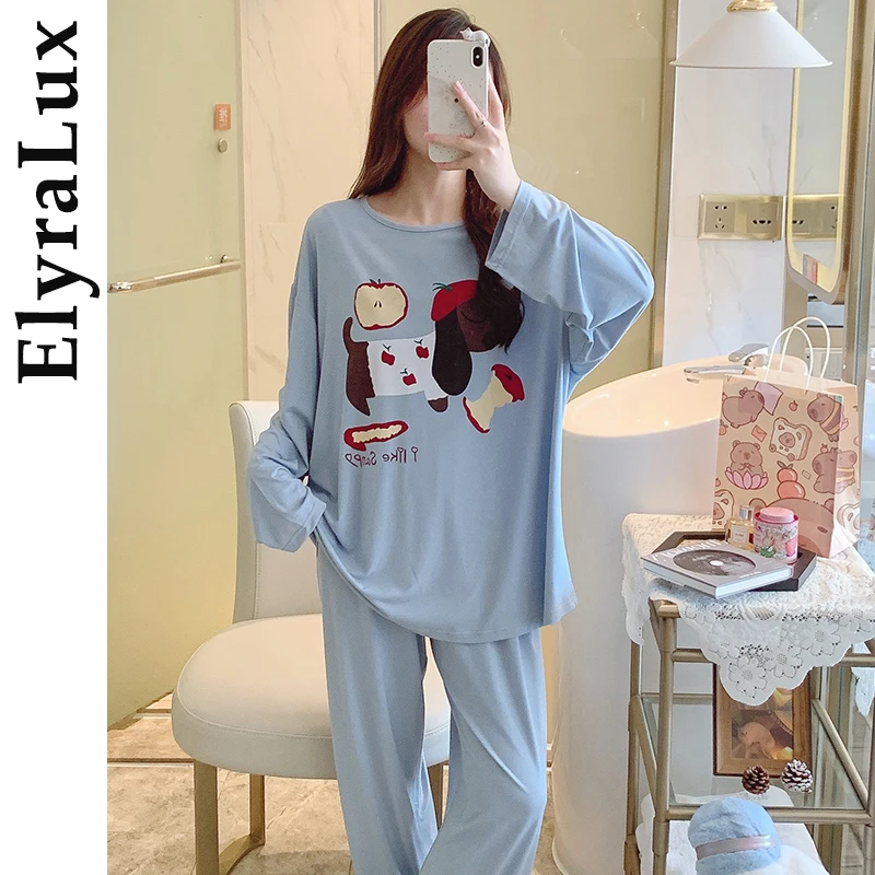 

ElyraLux пижама для девочек, осенняя домашняя одежда, комплект с длинными рукавами, милая свободная одежда для сна с мультяшным принтом, женский комплект одежды из 2 предметов