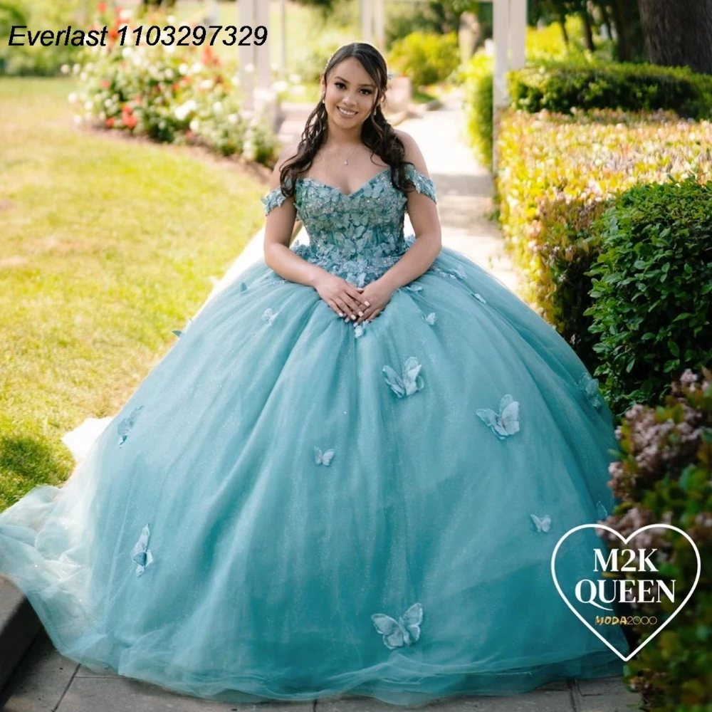 EVLAST Glitter Mint Butterfly Quinceanera Dress Ball Gown 3D Floral Applique Beading corsetto Sweet 16 Vestidos De 15 Anos TQD805