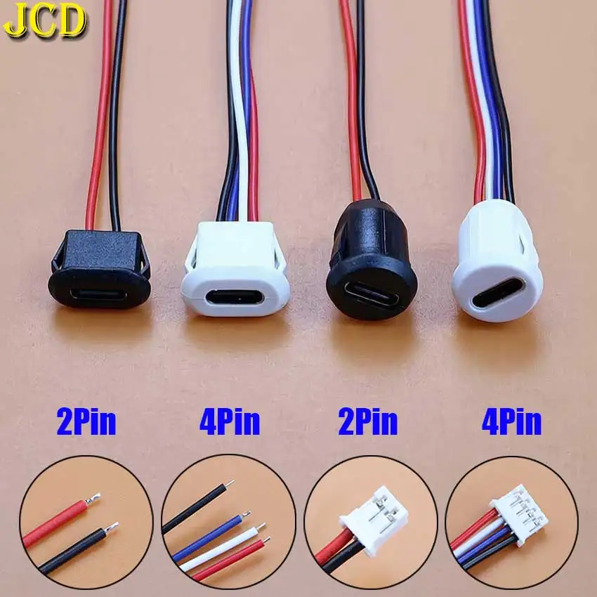 JCD – connecteur de prise femelle USB type-c, 2 broches, 4 broches, noir et blanc, avec terminal PH2.0, fil soudé, câble de bricolage, Port de chargement, 5 pièces