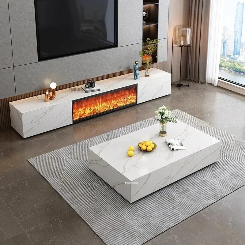 Italian Fireplace Slate TV Stands Embedded Simulation Flame Electronic Fireplace Storage TV Cabinet Luxury Living Room Furniture