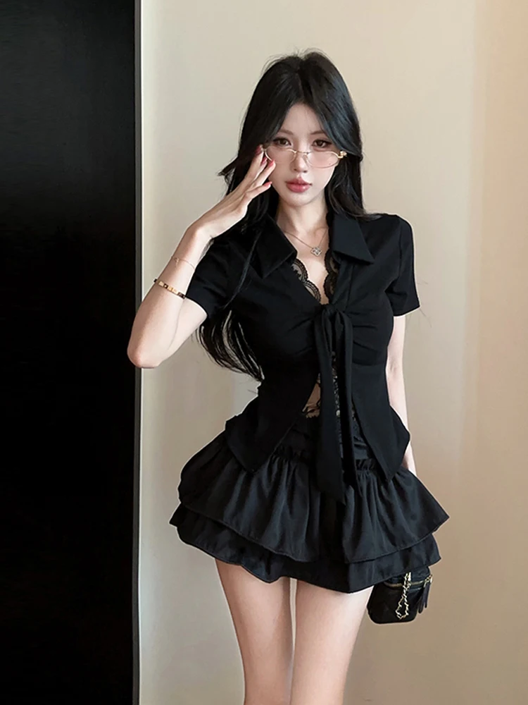

Sexy Black Neck Lace Knitted Elastic Short Sleeve Shirt Top And Puffy Skirt Set Women's Fashion Summer Outfit Casual Wear