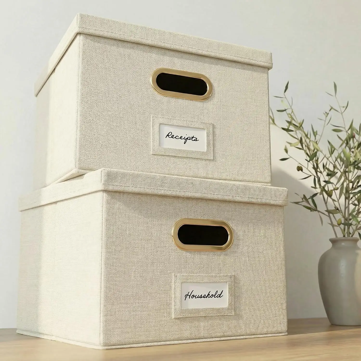 

Набор декоративных органайзеров для документов (2 шт.) - Складной льняной файловый шкафчик с ручкой - Портативный удобный ящик для хранения с крышкой