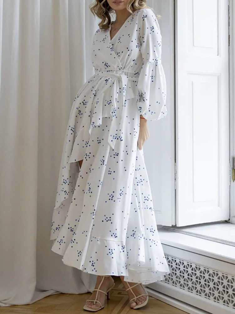 Lemongor Women's Blue Polka Dot High Split Ruffled Maxi Dress Puff Sleeves V Neck High Waisted Tied Waist Evening Long Dresses