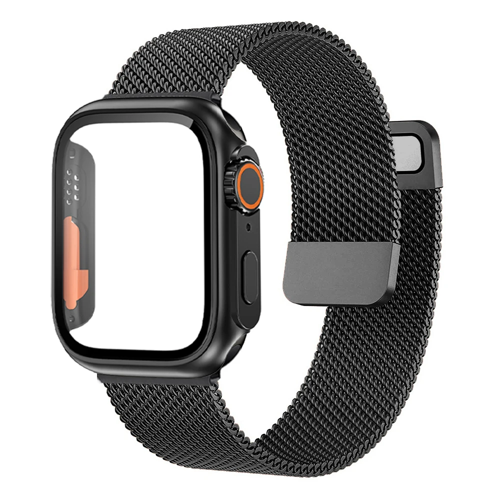 

Glass+Case+Band For Apple Watch Strap 44mm 40mm 45mm 41mm 45 44 41 40 mm Milanese Loop Bracelet Correa iWatch series 7 se 45 6 8