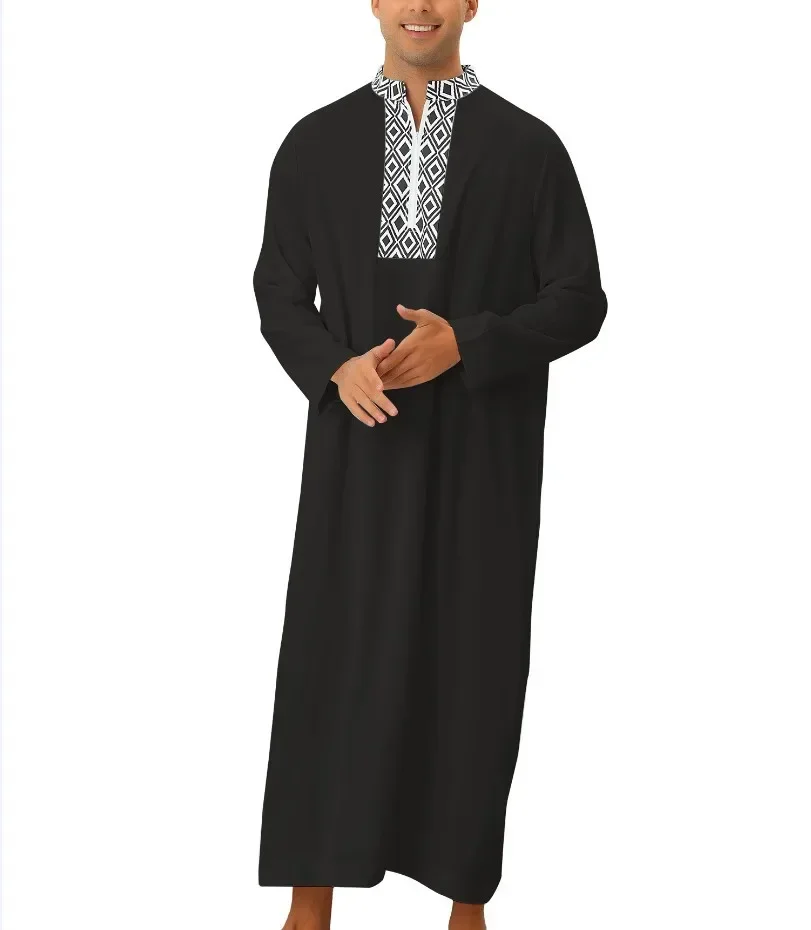 Muslim Fashion 2024 Men's Long Sleeve V-neck Moroccan Kaftan Half Zipper Casual Djellaba Abaya Jubba Thobe Muslim Men Clothing