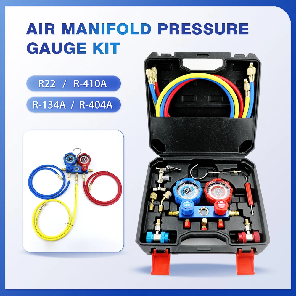 Set Pengukur Tekanan Pengisian Freon Diagnostik AC Mobil Manifold Cocok untuk Refrigeran R134A R404A R410A R22 Regulator