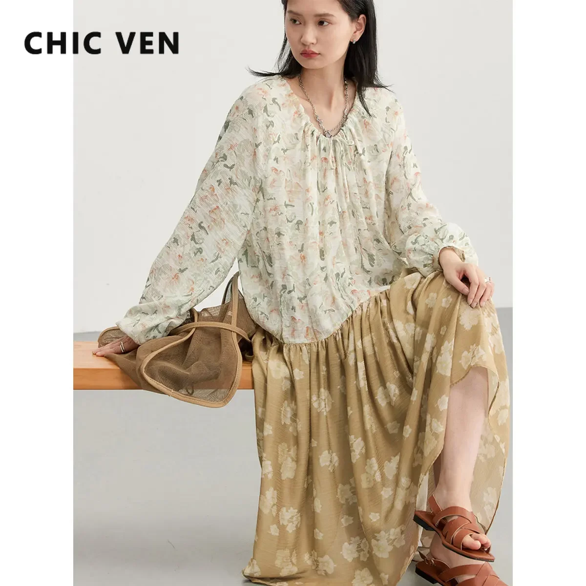 CHIC VEN Korean Women's Dresses Drawstring Floral Dress for Woman Pullover  Dress New Style Spring Summer 2023