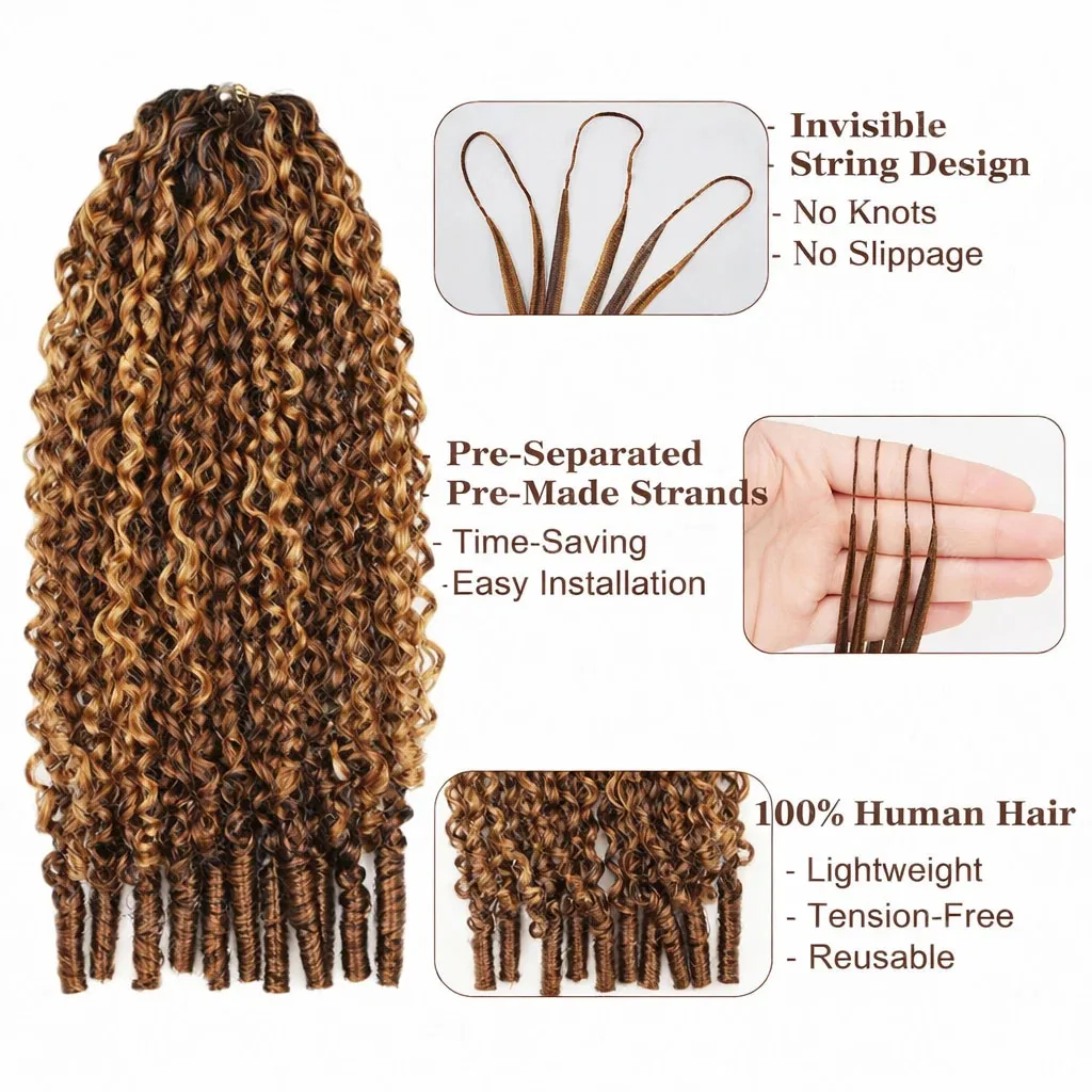 P4/27 Pre-Separated Blonde Highlight Burmese Curly Crochet Human Hair Miracle Knots Feather Crochet Bulk Human Hair Extensions