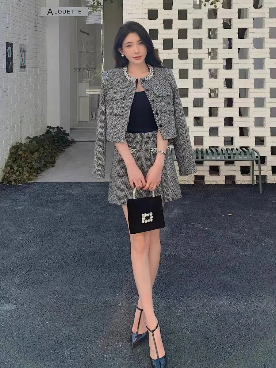 New Gray Long-sleeved Blazer and High-waist Short Skirt Set for Women Female Office Lady Chic Classic Style High Quality Fashion