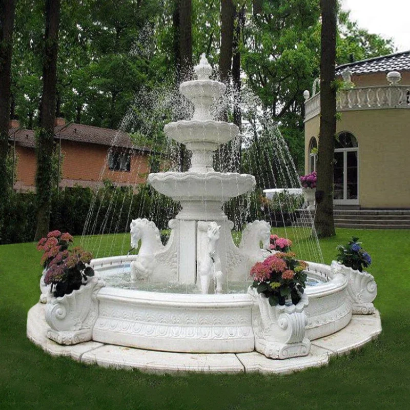 Large personal garden with marble fountain, horse sculpture