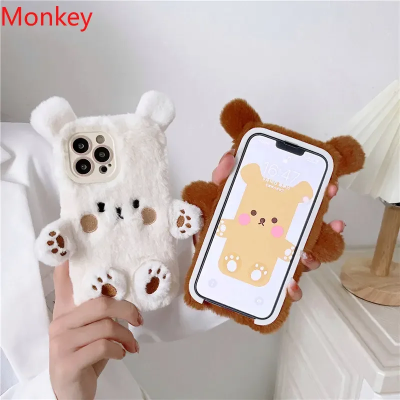 Cute Bear Soft Fluffy Plush Phone Case For iPhone 17 16 Pro Max 15 14 13 12 11 XS XR 7 8 Plus Autumn And Winter Shockproof Cover view 4
