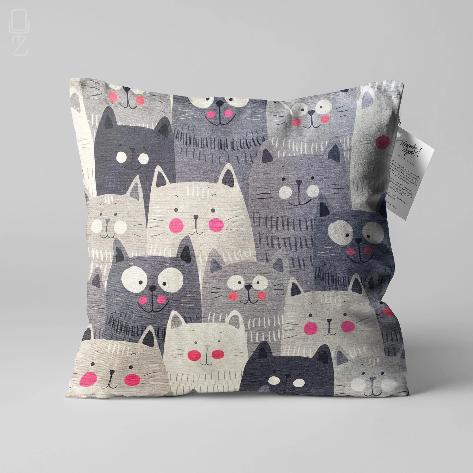 Grey Velvet Cute Cat Pillow Case, Hand Drawn Kitty Decorative Cushion Cover, Soft Home Decor Gift for Cat Lovers