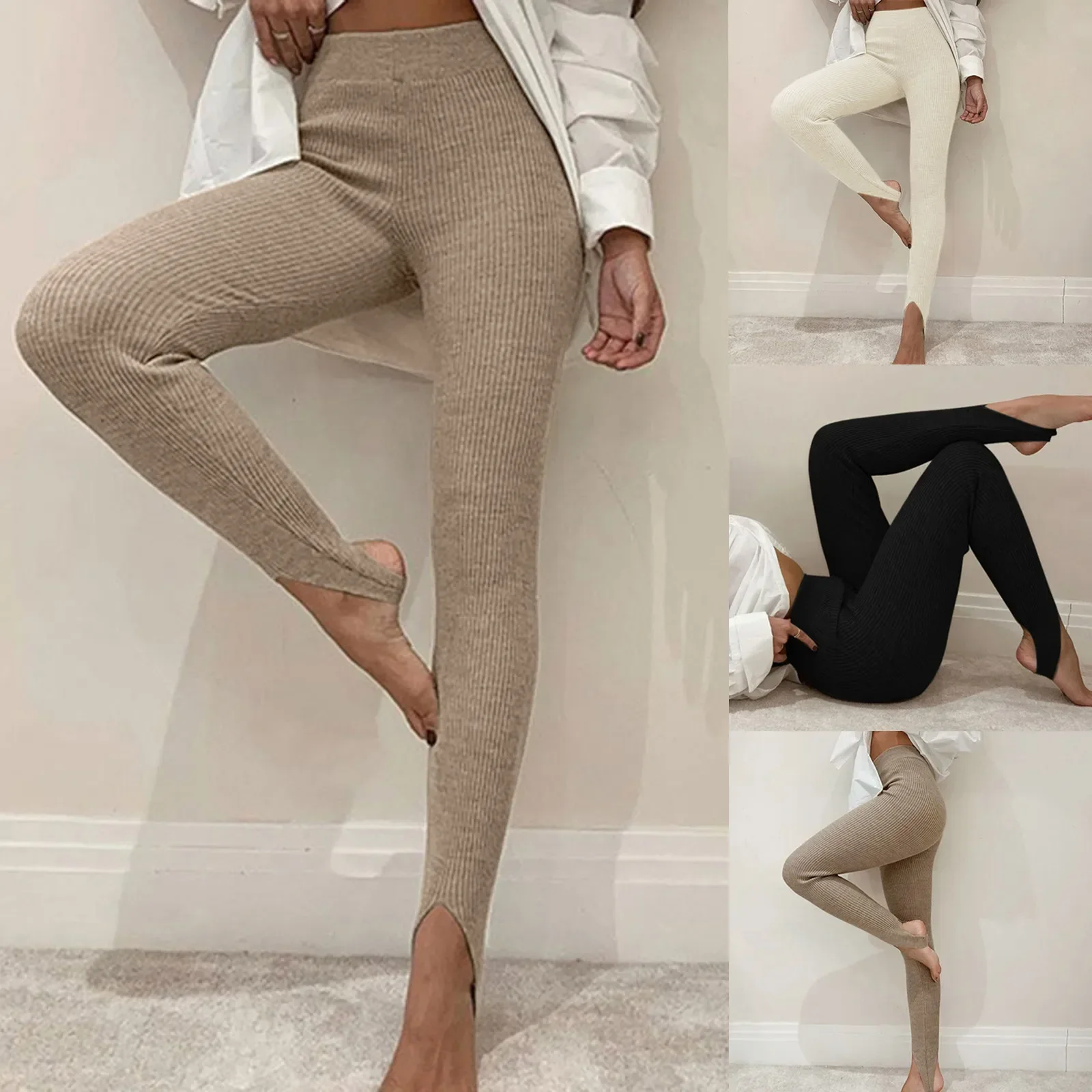 Autumn and winter beige rib knit sports leggings for women high-waisted slim-fit basic skinny fitness yoga pants Sports pants