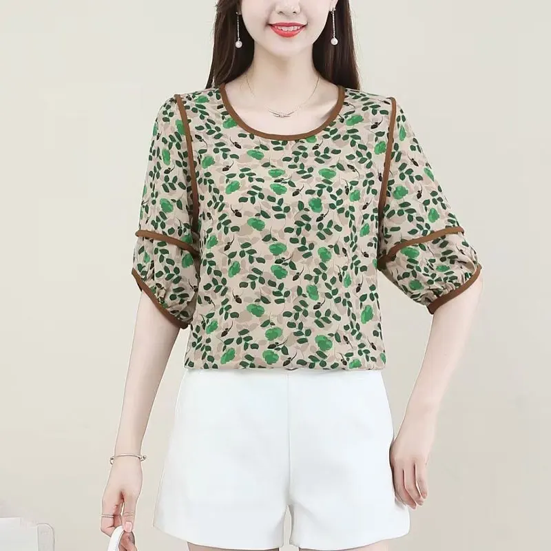 Female Clothing Broken Flowers Blouse Casual Short Sleeve Summer Prairie Chic Bright Line Decoration Spliced Basic Printed Shirt