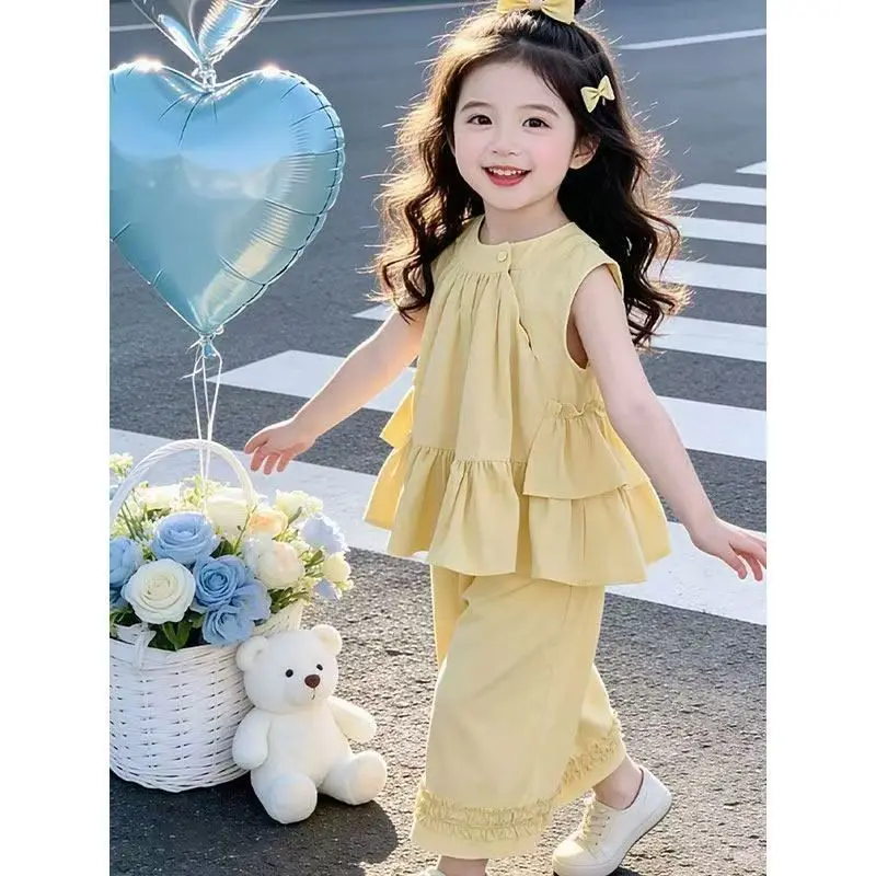Girls' summer new thin sleeveless top foreign-style little girl vest children's wide-leg pants two-piece set