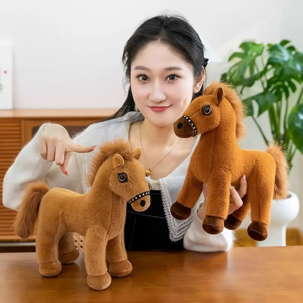 

Plushie Horse Simulation Standing Foal Saddle Fluffy Tail Pony Long Mane Stuffed Cartoon Horse Stuffed Room Decoration