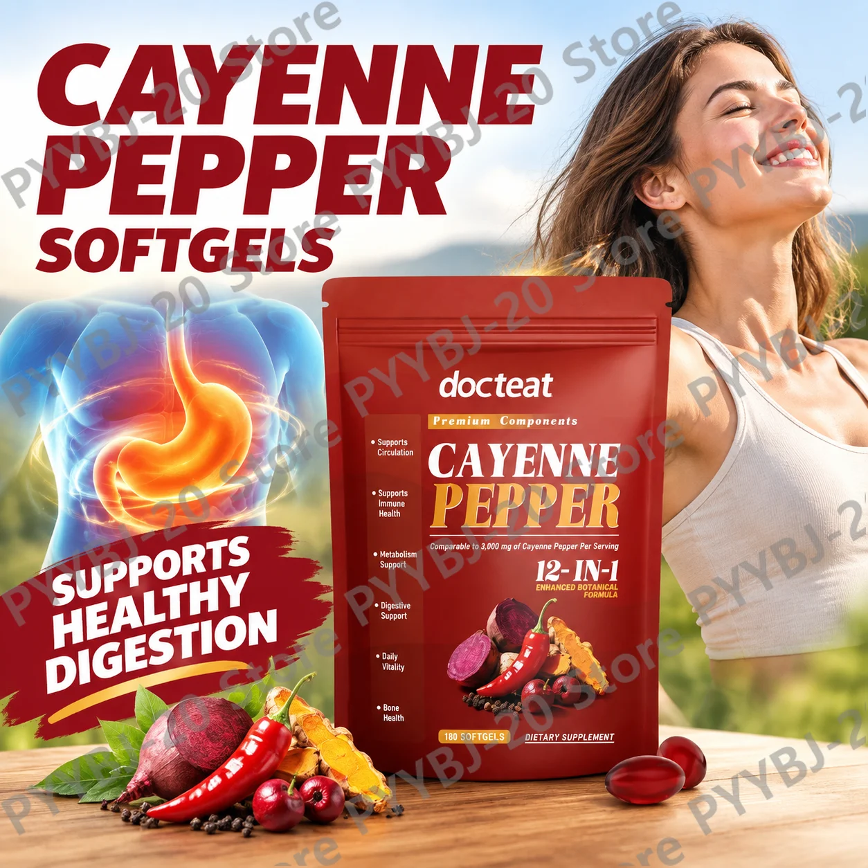 Docteat Cayenne Pepper Softgels with Vitamins D3 K2 and E, Daily Supports Metabolism and Digestive Support, 180 Softgels