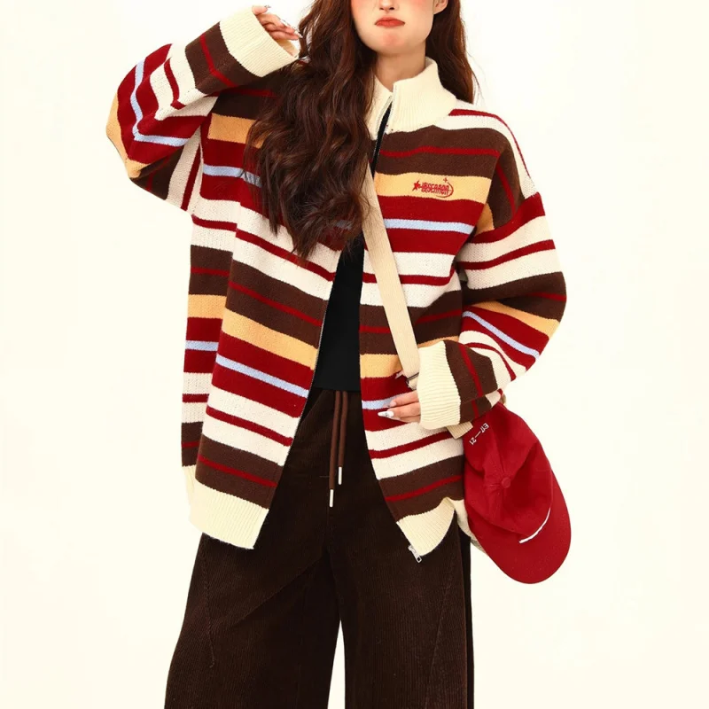 

Striped Color-Block Sweater Cardigan Women, New American Style Oversize Loose Knit Top Coat for Autumn and Winter
