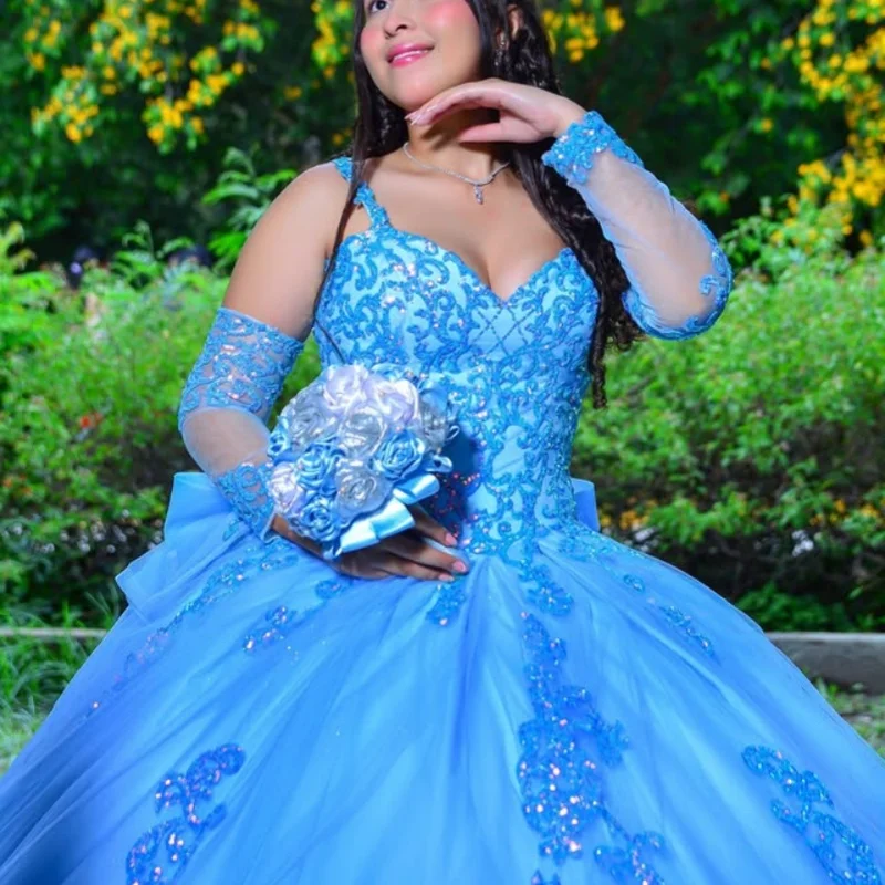 

Customized royal blue Quinceanera Dresses Off the Shoulder Sequin decal lace layering Bow Long tail Vestido 15 Quinceanera
