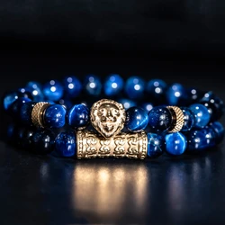 2pcs/set Blue Tiger Eye Stone Charm Bracelet Men Stainless Steel Lion's head Bracelet Beads Gold Color Bracelet For Men Jewelry