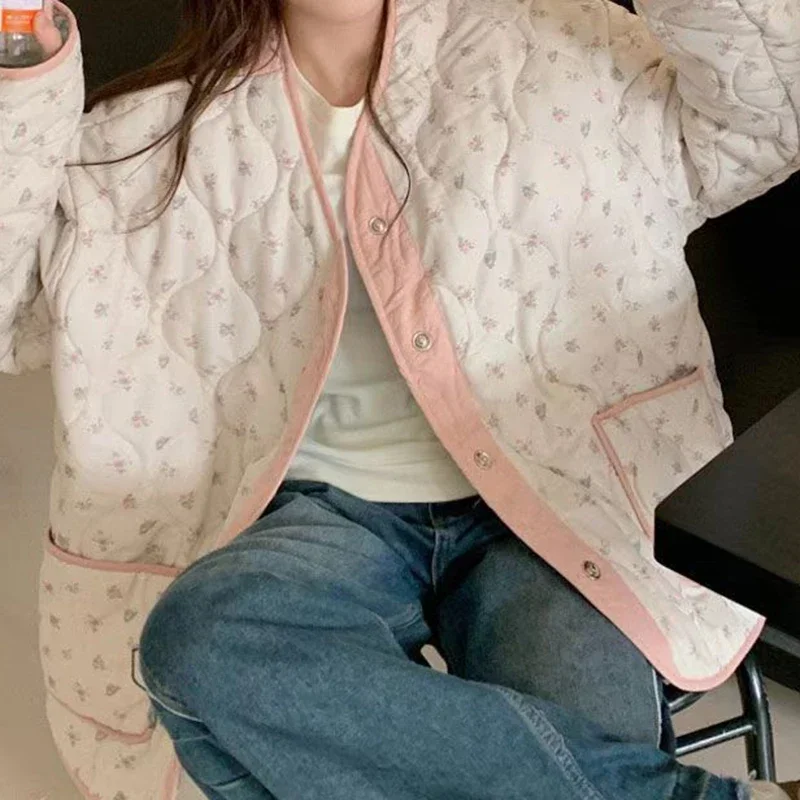 Women's Autumn and Winter Plus Cotton Coats on Both Sides.Retro Floral Small Fresh Color Matching Plaid Cotton-padded Jacket
