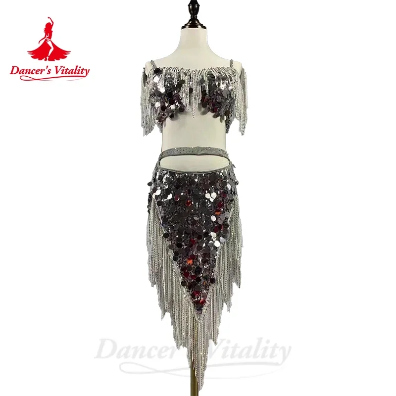 Belly Dance Costume Set for Women Silver Sequin Tassel Top+short Skirt 2pcs Performance Costume Custom Drum Solo Short Suit