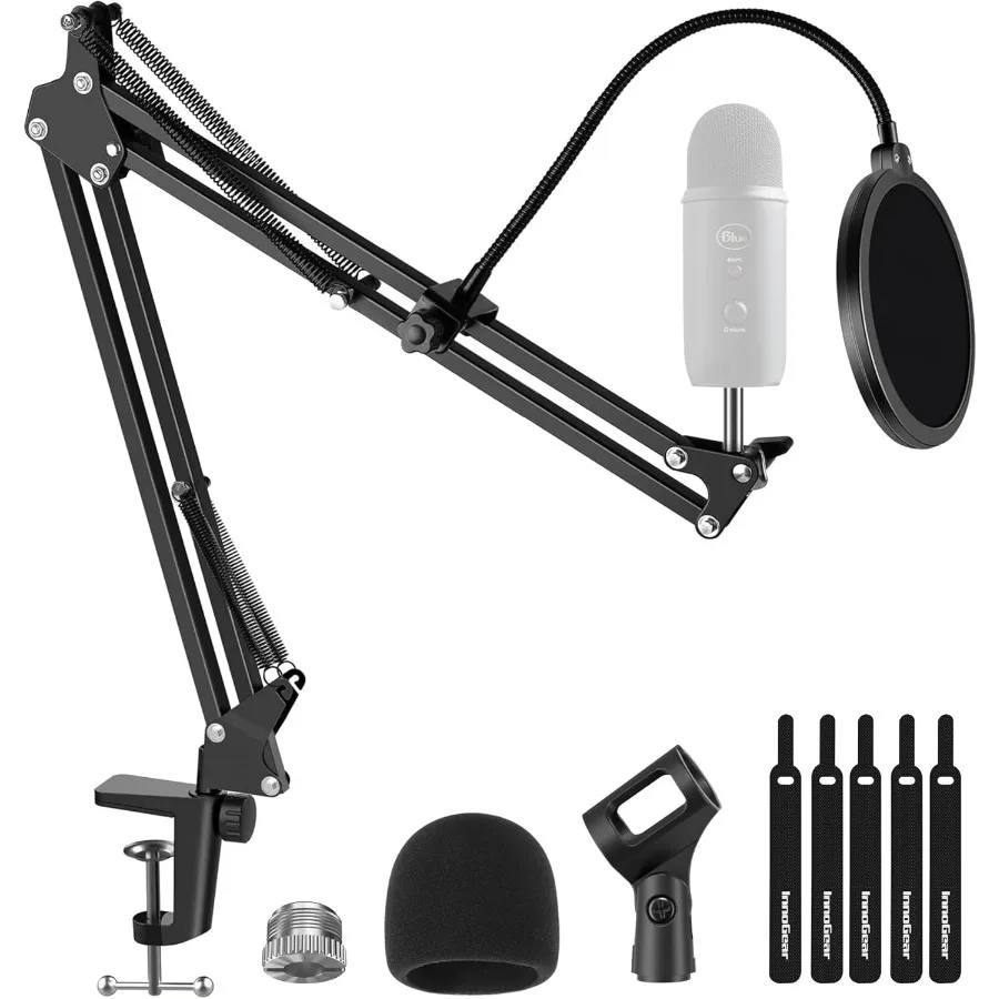 

InnoGear Mic Stand for Blue Yeti Heavy Duty Microphone Stand with Microphone Windscreen and Dual Layered Mic Pop Filter Suspens