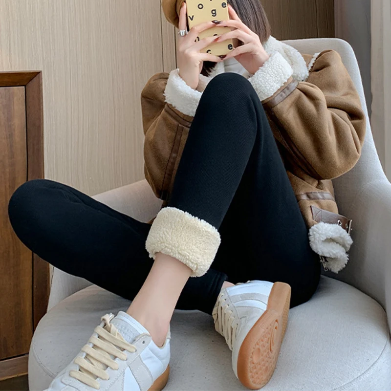 الشتاء رشاقته الحرارية طماق النساء مريحة عالية الخصر مرونة بناطيل تدفئة امرأة صوف مبطن المخملية إبقاء بناطيل تدفئة #5