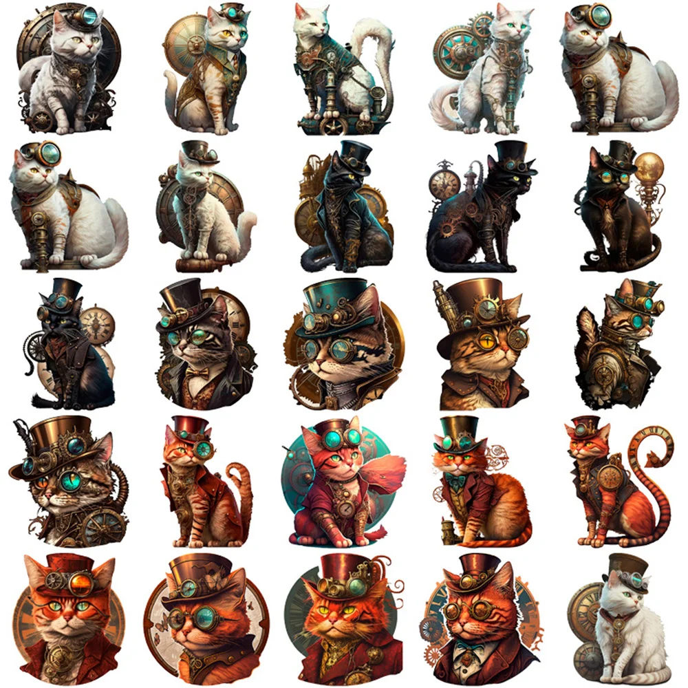 50pcs Vintage Steampunk Cat Stickers Pack Stationery Phone Suitcase Guitar Scrapbook DIY Sticker Handmade Journal Accessories