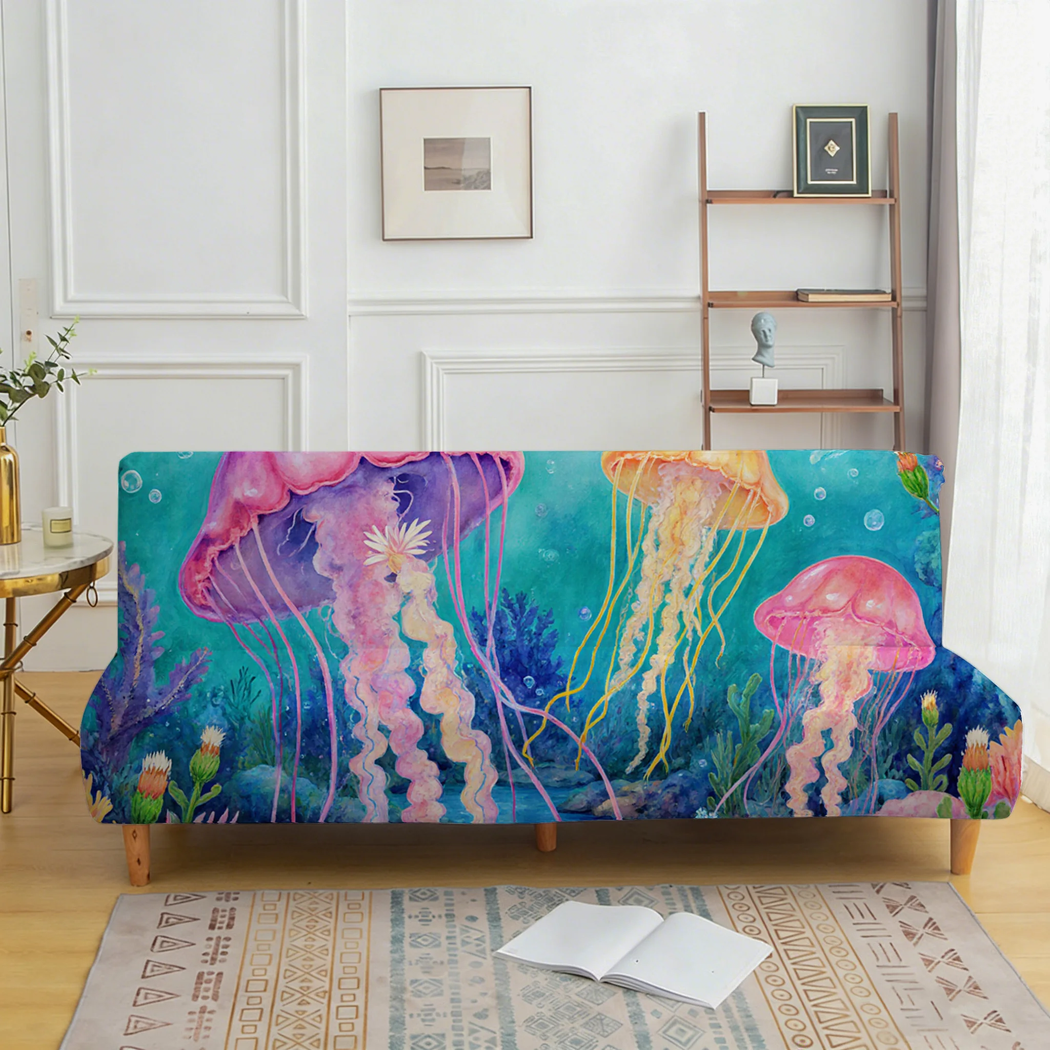 Ocean color jellyfish elastic sofa bed cover, non-slip and scratch-proof furniture protective cover, easy to install