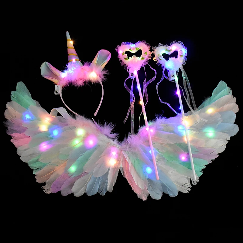 LED Colour Angel Feather Wings Girls Unicorn Halo Headband Fairy Stick Luminous Prop Cosplay Party Costume Glowing Accessories