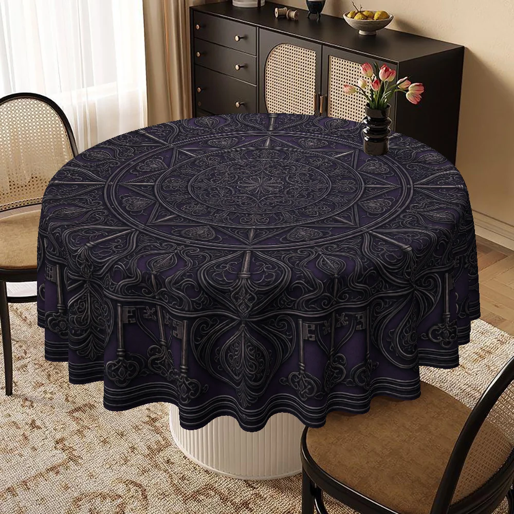 One tablecloth in Gothic style for Halloween theme, featuring exquisite keys and ornate patterned printed tableware