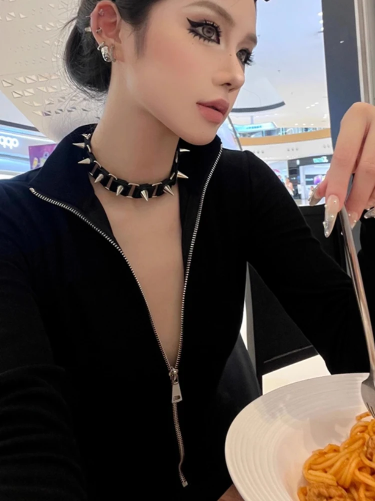 2025 Harajuku Designer Black Jumpsuits Y2k Aesthetic Bodycon Simple Fairy Zipper Tshirt Women Slim Fit Streetwear T Shirt Spring