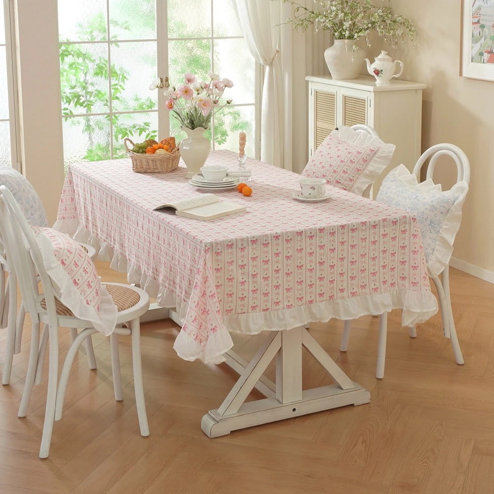 French Style Pure Cotton Jacquard Floral Table Cloth Rectangular Dining Tablecloth Pastoral Ruffled Skirt Tea Table Cover Decor