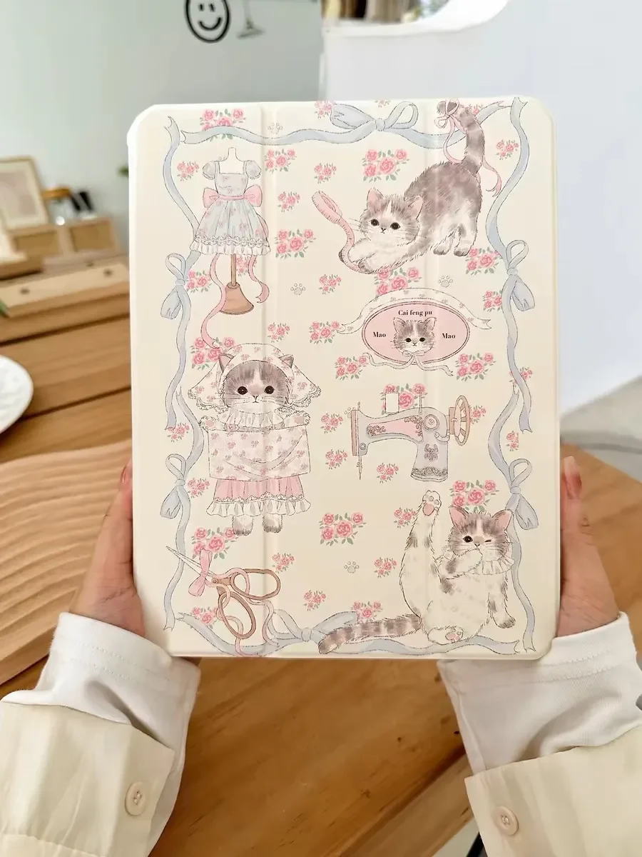 Cat Kawaii Kitten Y2K Tablet Case For iPad Pro 11 13 M2 M4 M3 9.7 10.2 5/6th 7/8/9/10/11th Mini 6 7 Air 3 4 5 6 Stand Cover