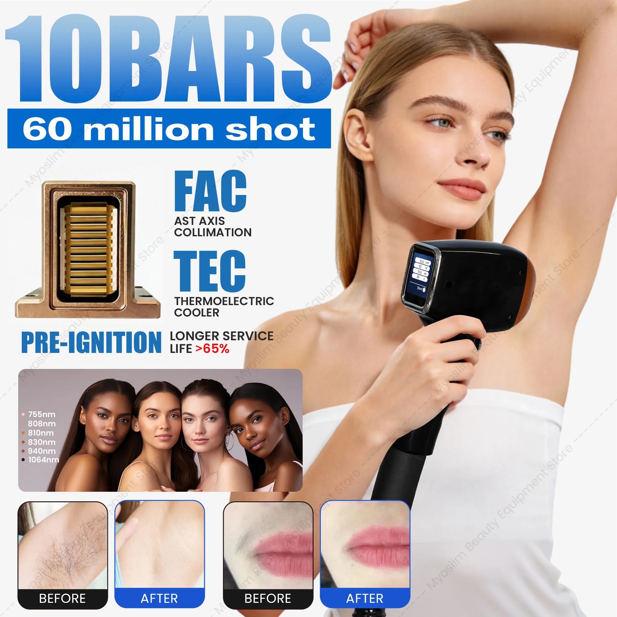 7000W 2in1 Diode Laser Hair Removal Picosecond Tattoo Removal Machine 6 Wavelength FAC Pre-Ignition TEC Cooling Salon Equipment