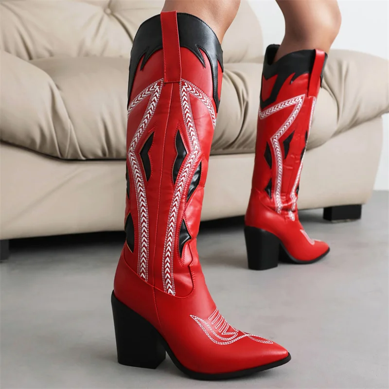 IPPEUM Women Cowboy Boots Western Knee High Block Heel Plus Size 43 Cowgirl Shoes